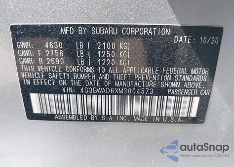 2021 Subaru Legacy Premium z USA, uszkodzony, nr VIN 4S3BWAD6XM3004573